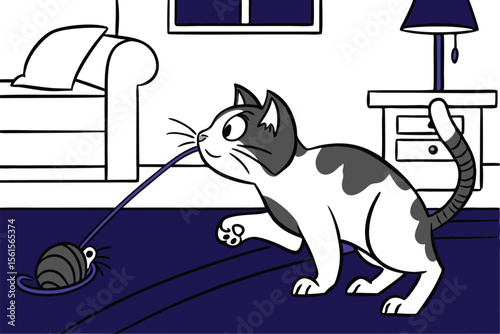 Playful kitten chasing a mouse toy in vibrant colors
