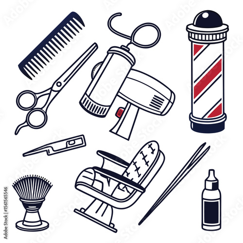 Illustration of barber shop equipment including chair, scissors, comb, and barber pole in a vector art