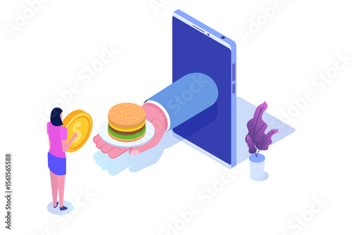 Order food online services, fastfood delivery isometric concept. Vector illustration