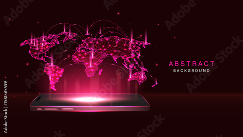 Glowing Holographic World Map Projection from Smartphone – 3D Mobile Device with 5G and 6G Connection, Digital Global Network Technology Banner and Background. Vector Illustration