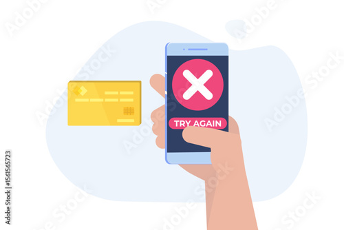 Payment error info message on smartphone.  Customer cross marks failure. Vector illustration.