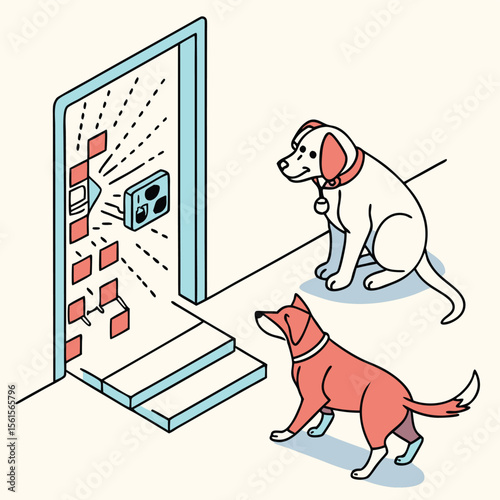 Two dogs observing a smart home security system with a broken door and scattered red squares around it