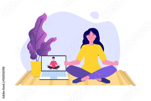 Online sports tutorial, Yoga studios streaming consept. Working out at home. Vector illustration