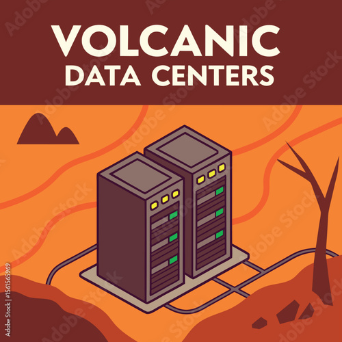 Illustration of two data center servers in a desert landscape with a barren tree and small mountains
