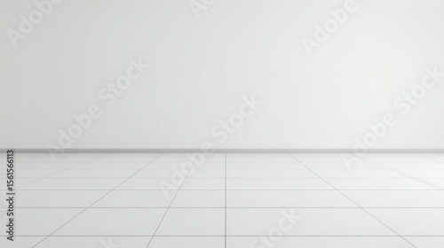 Minimalist empty white room with clean tiled floor and plain wall background.