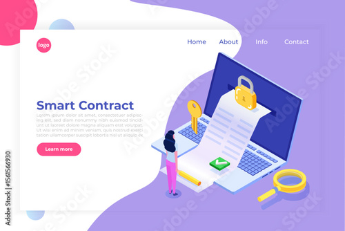 Digital signature, Electronic Smart contract.  Isometric Vector illustration, hero images. Web page template.