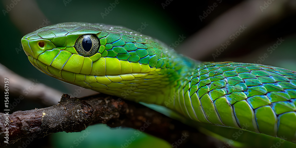 Obraz premium Close-up view of a vibrant green snake resting on a branch surrounded by lush foliage in a tropical environment during the day