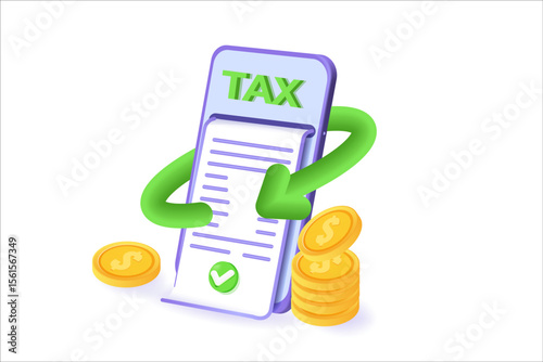 3d tax payment with mobile phone. 3d realistic vector illustration.