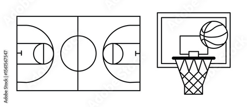 Basketball ball icons set. basketball net. Basketball court markup. Basketball Line icon. Basketball ball isolated icon. Vector illustration.

