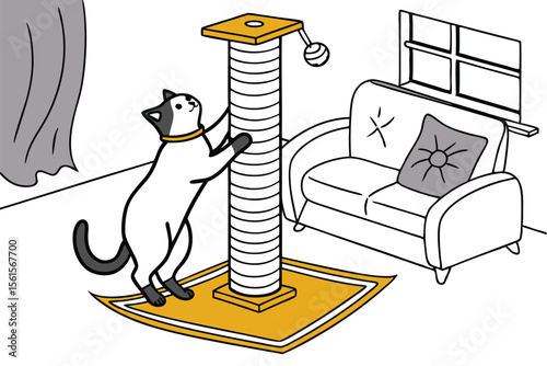 Playful cat scratching post with abstract elements