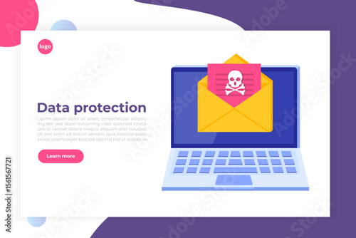 Laptop virus malware trojan notification or alert. Hacker attack, Data Protection vector concept.