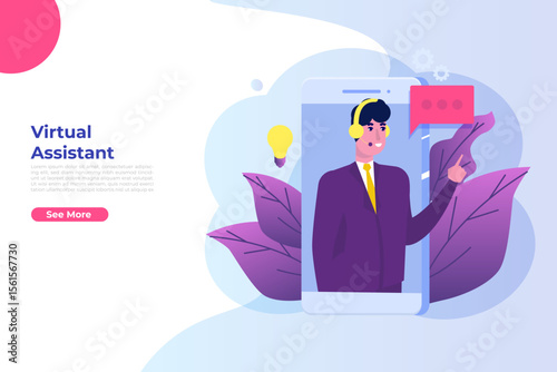 Virtual online  business assistant. Customer and hotline operator, technical support  24-7. Vector illustration