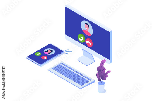 Voice over IP,  IP telephony  VoIP technology isometric concept. Vector illustration.