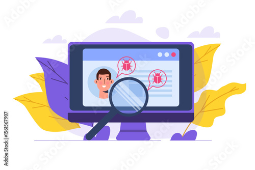 Vulnerability and bugs search or scan, finding malware concept.  Vector illustration.