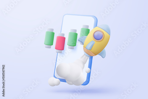 3d flying space rocket with money coin on mobile phone. Spaceship launch on blue background. space for business startup and growth statistics trading concept. 3d rocket icon vector illustration