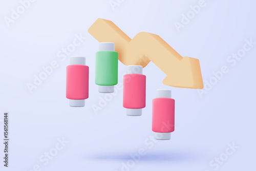 3D graph with plummeting on blue background. Business failure with negative trend concept, bar chart down. 3d representation for finance investment. 3d trading stock icon vector render illustration