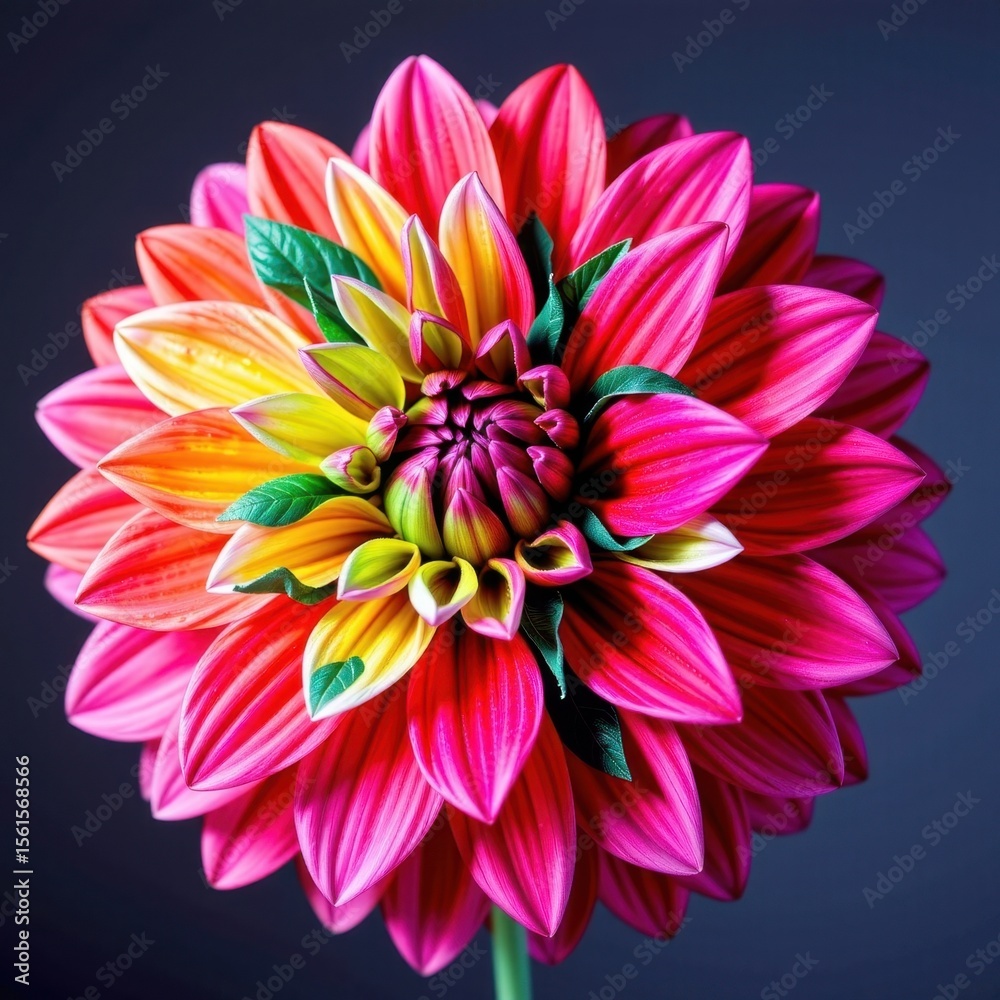 Obraz premium Vibrant multicolored dahlia flower with intricate petal details and contrasting dark background showcasing natural beauty and vivid color contrast