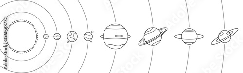 Black line solar system orbit planet stars outline vector design