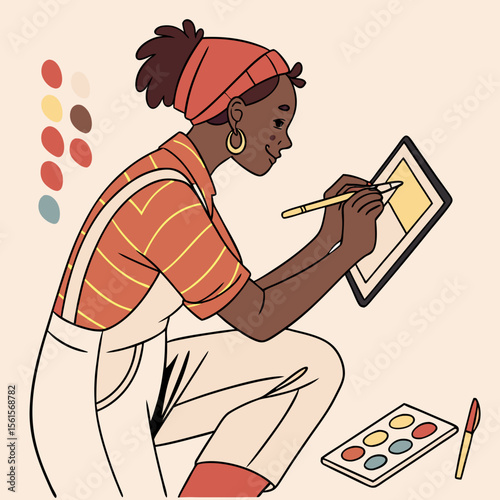 Woman with headscarf painting on a canvas with a brush and palette of colors in a cozy environment