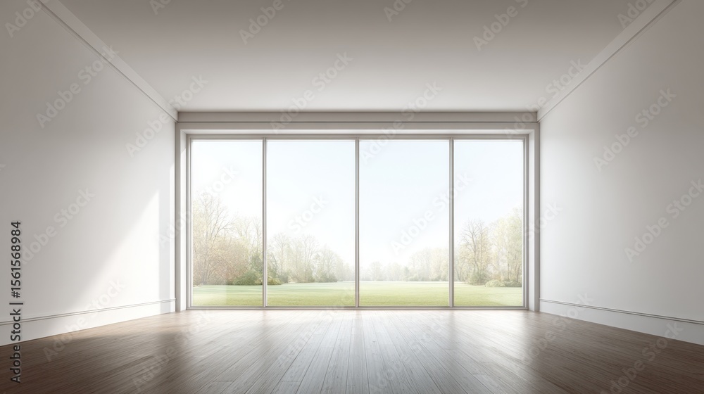 Fototapeta premium Modern minimal empty room with large glass sliding doors overlooking nature.