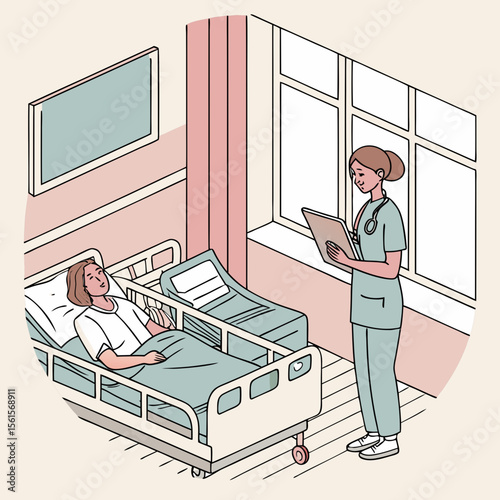 Nurse examining patient in hospital bed with window and artwork in a light colored room illustration