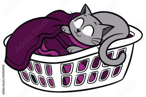 Cute cat relaxing inside a woven laundry basket with a playful expression