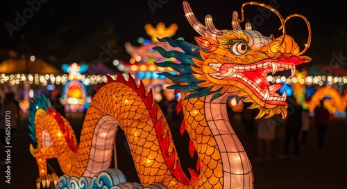 Illuminated dragon lantern glows brightly at night during a cultural festival event