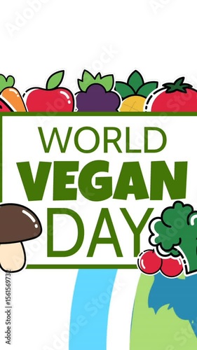 Animation of world vegan day over globe on white background