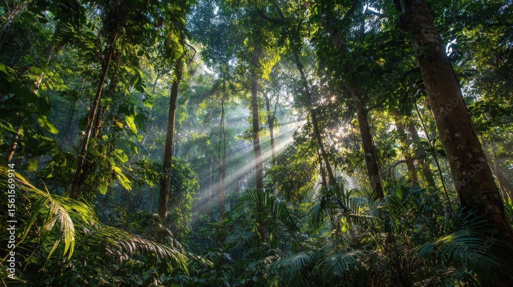 Obraz premium Dense lush green tropical rainforest with sunlight filtering through tall trees and vibrant foliage.