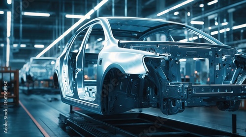 Modern automotive manufacturing process with car assembly line and industrial technology.