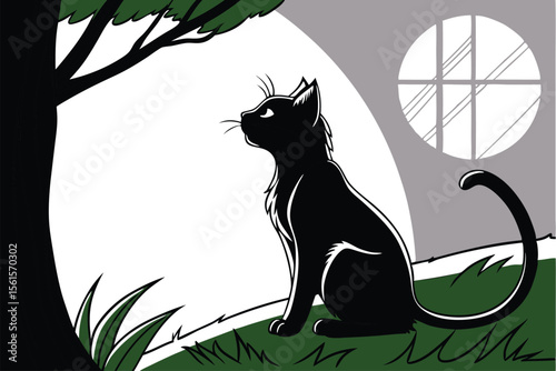 Simple silhouette of a cat sitting with its tail curled around its body