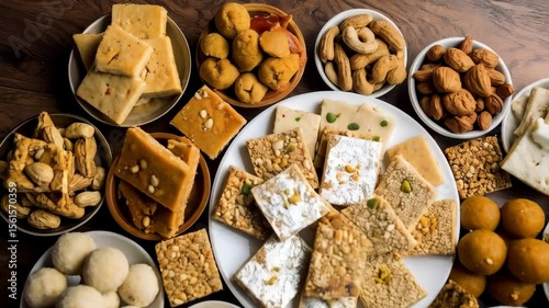 Overhead arrangement of assorted traditional sweets and nuts served in bowls and on plates for festive occasions on a dark wooden surface.