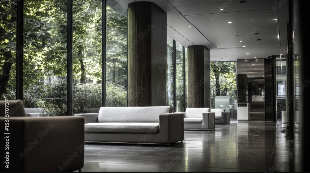 Fototapeta premium Modern hotel lobby interior with large glass windows and stylish seating area.