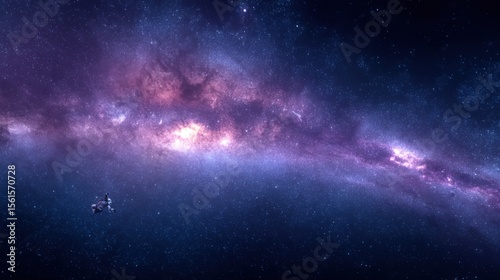 Vast Night Sky with Bright Milky Way Galaxy and Distant Satellite in Space Scene.