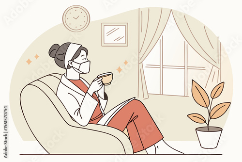 Woman in mask relaxes on chair with tea near window and plant enjoying a peaceful moment indoors scene