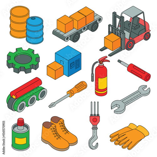 Isometric Illustration of Industrial Equipment and Tools