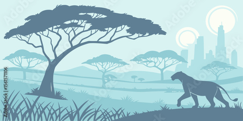 kote sleeve, luminous savanna, translucent layers, pastel blue, urban skyline background, arcane mood, ground-level view.