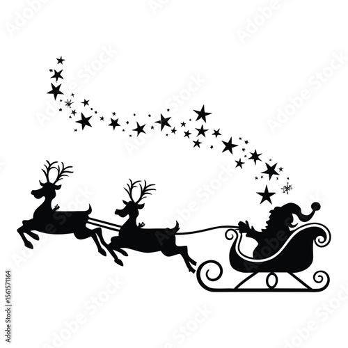 Santa Claus riding sleigh with reindeer in festive silhouette illustration