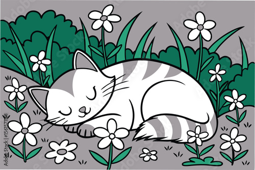 Adorable cat sleeping peacefully in a colorful flower bed