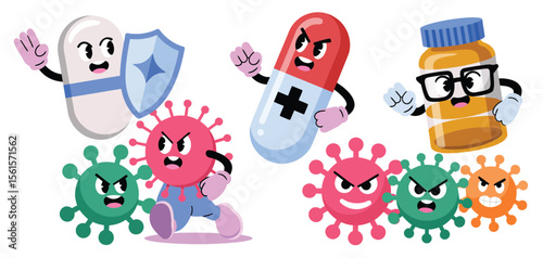 Cartoon Pills and Medicine Fighting Viruses
