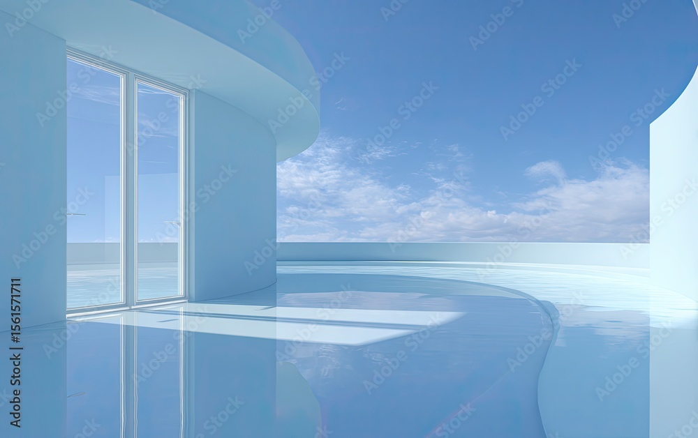 Fototapeta premium 3D render of an abstract futuristic background with a blue sky and mirror reflections, curved shapes, and two large glass doors on the left side leading to the horizon. The background is minimalistic 