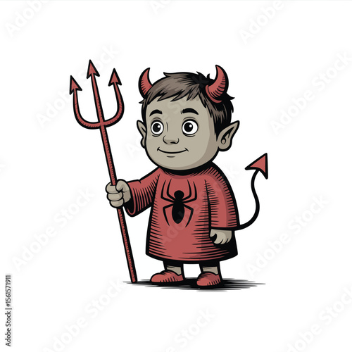 Cute Little Devil Cartoon Character with Pitchfork