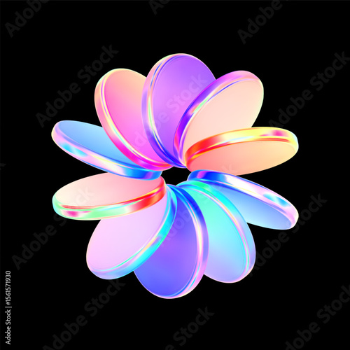 Color hologram discs in the shape abstract flower. 3d glass abstract gradient form on black background. Futuristic design tech element. Render vector illustration