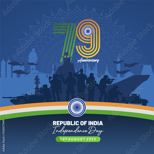 Patriotic 79th India Independence Day 2025 with military power design. India army, INS Vikrant aircraft carrier, Hal Tejas jet flypast illustration. Best for India Independence Day and Army Day