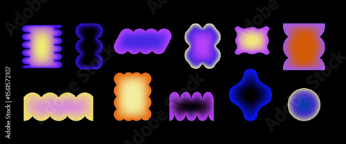 Abstract y2k blur gradient shape. Retro geometric frame. Borders wavy edges. Scallop frames with transparent middle and color gradation for kid design, y2k stickers, retro graphic. Vector illustration