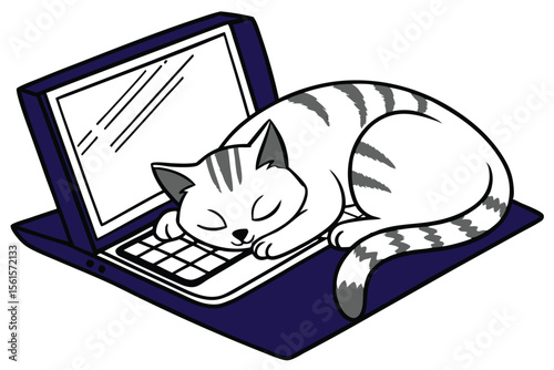 Cute cat peacefully sleeping on a modern laptop computer keyboard