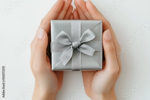 silver jewelry gift box held by female hands, white background, emotional soft tone