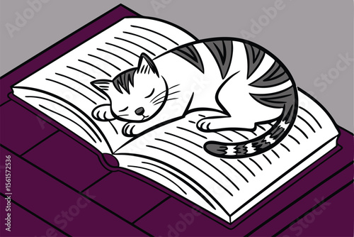 Cute cat peacefully sleeping on an open book illustration