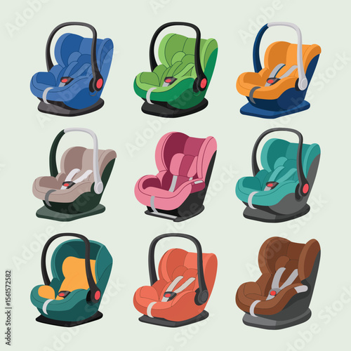 Nine Colorful Baby Car Seats Isolated on White Background