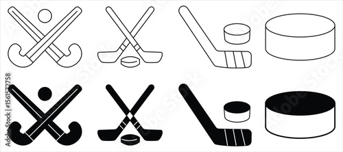 hokey  icon. Hockey sticks crossed with puck icons. hokey line vector illustration isolated on white background
